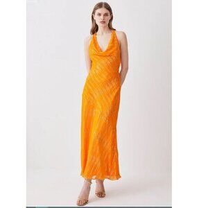 Karen Millen Orange Cowl Neck Metallic Maxi Column Dress (Size 8)